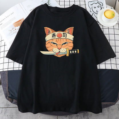2023 Fashionable Japanese Ninja Cat Print Women's T-Shirt
