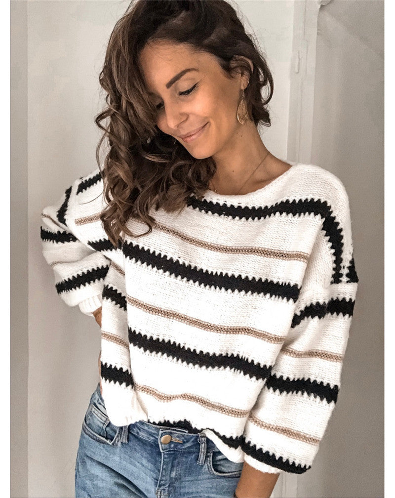 2020 Fall Winter Women's Knitted Sweater with Stripes