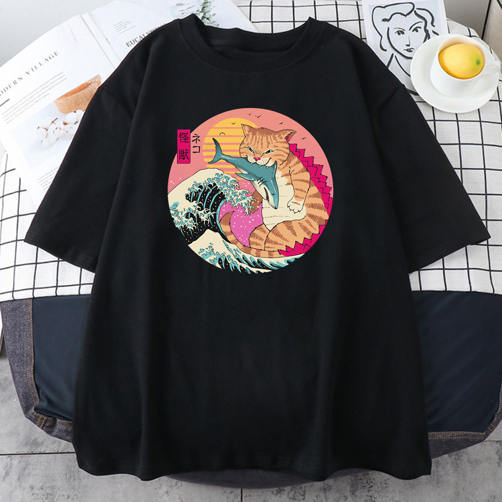 2023 Fashionable Japanese Ninja Cat Print Women's T-Shirt