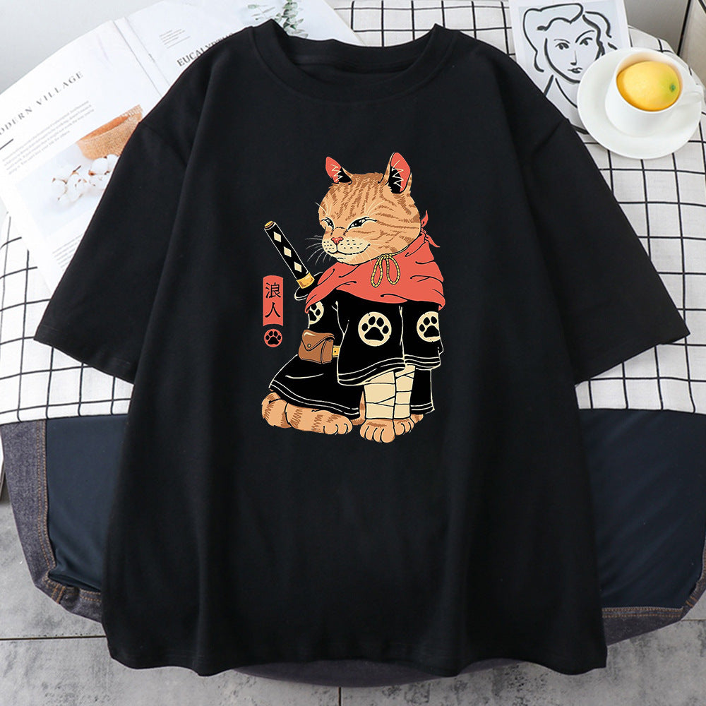 2023 Fashionable Japanese Ninja Cat Print Women's T-Shirt