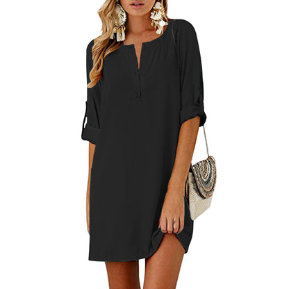 Cotton Linen Loose 3/4 Sleeve Midi Dress