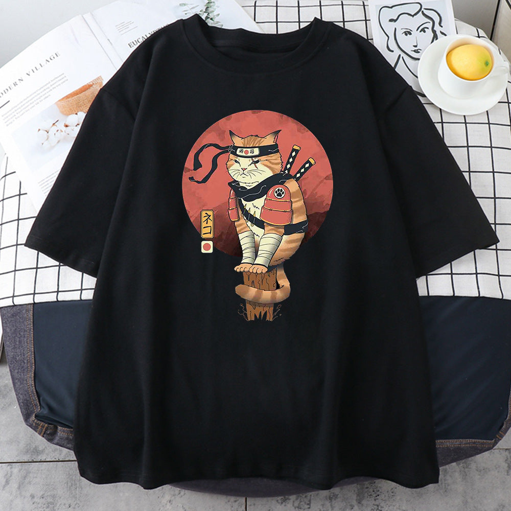 2023 Fashionable Japanese Ninja Cat Print Women's T-Shirt
