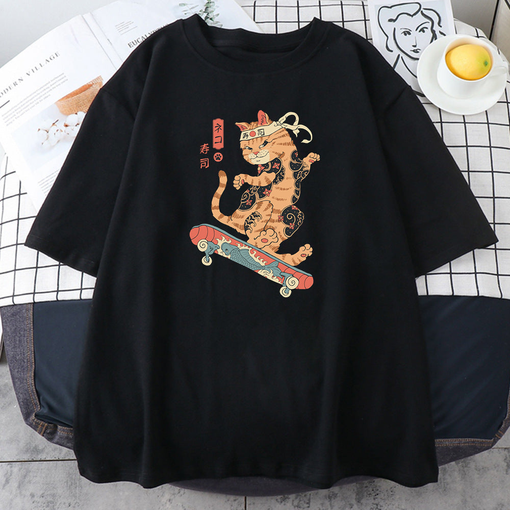 2023 Fashionable Japanese Ninja Cat Print Women's T-Shirt