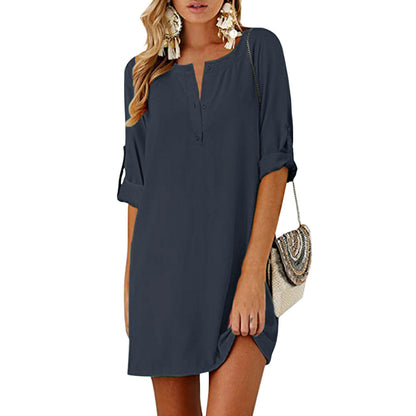 Cotton Linen Loose 3/4 Sleeve Midi Dress