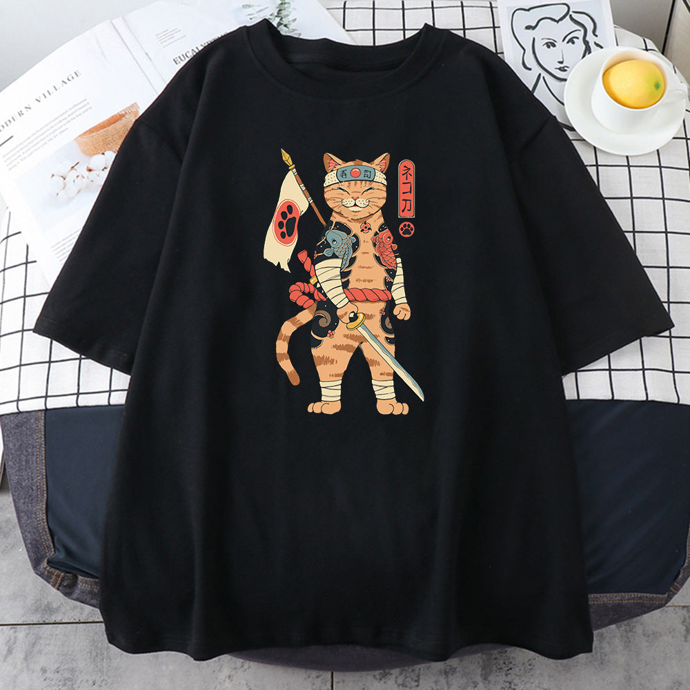 2023 Fashionable Japanese Ninja Cat Print Women's T-Shirt