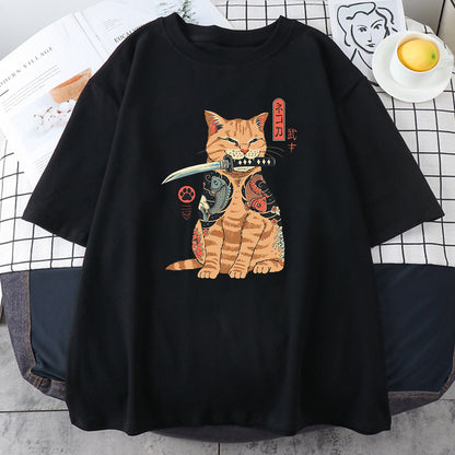 2023 Fashionable Japanese Ninja Cat Print Women's T-Shirt