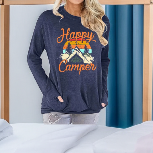 Women's Happy Camper Print Long Sleeve Pullover T-Shirt
