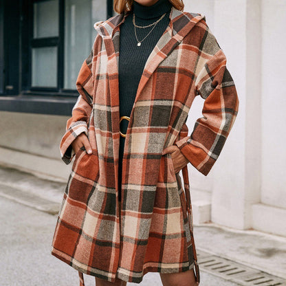 Plaid Belted Hooded Mid-Length Casual Coat