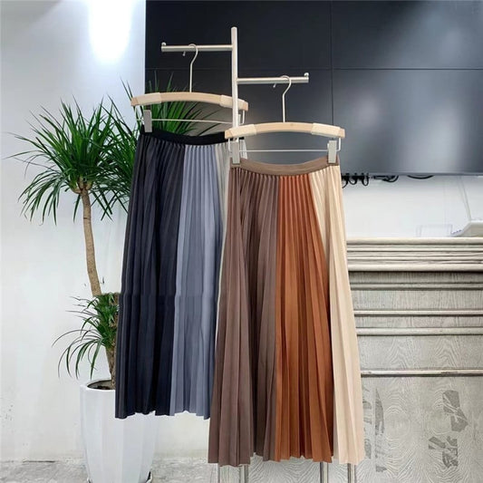 Women's Mid-length Pleated Skirt in Contrast Colors