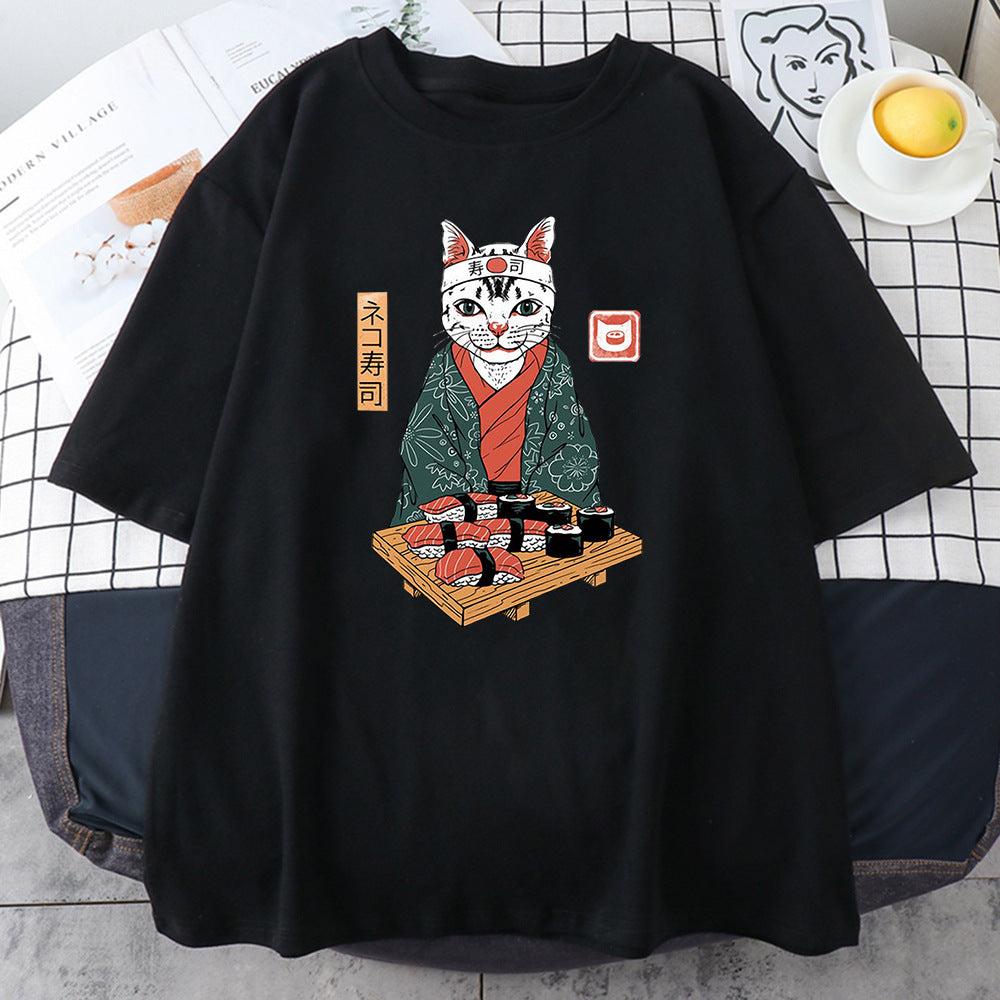 2023 Fashionable Japanese Ninja Cat Print Women's T-Shirt