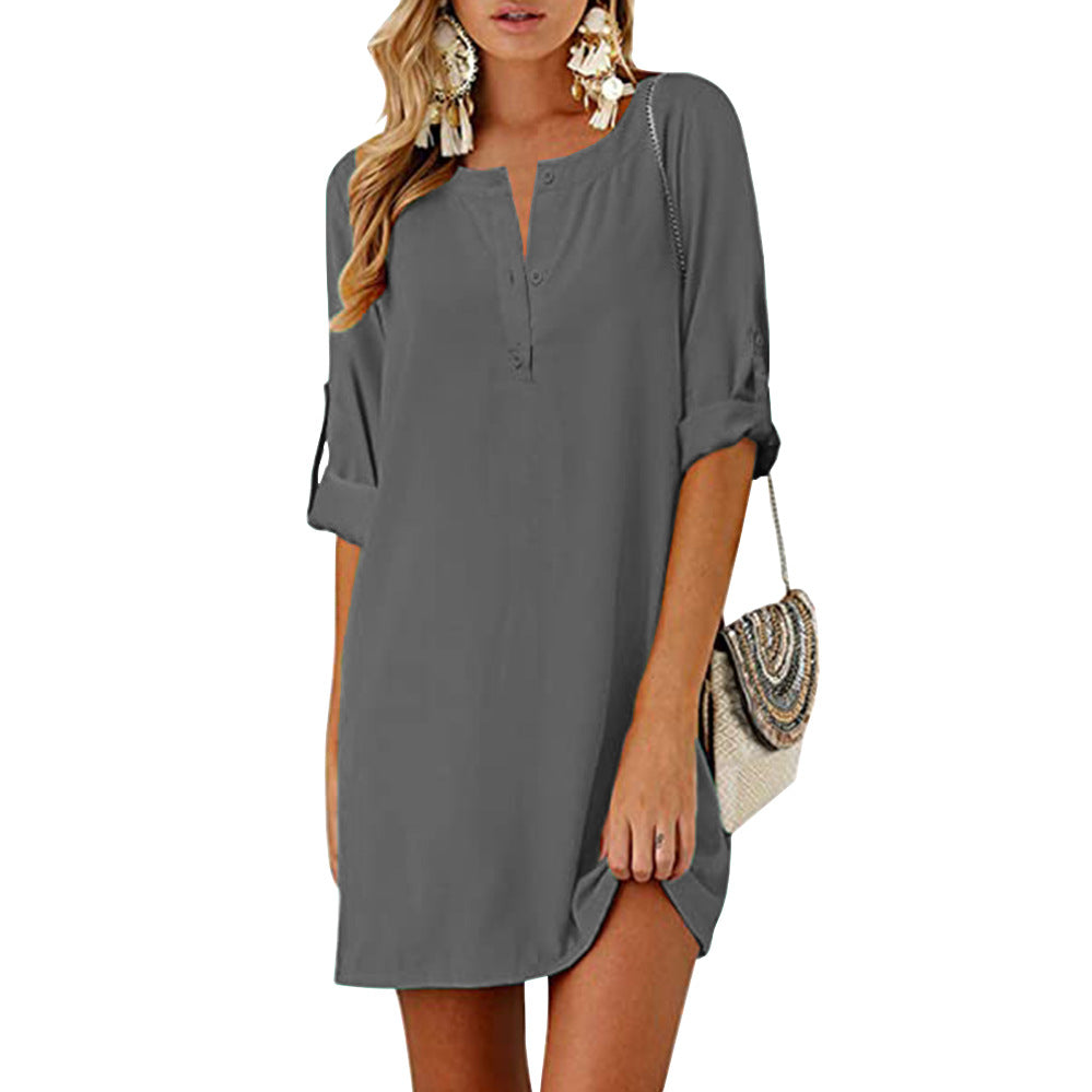Cotton Linen Loose 3/4 Sleeve Midi Dress