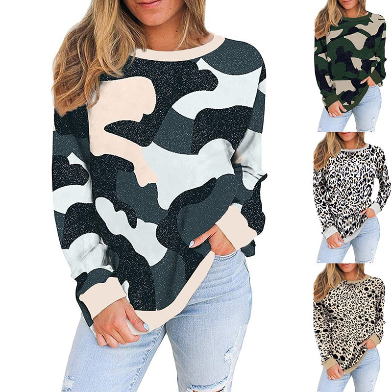 Women's Camo Leopard Print Long Sleeve Top