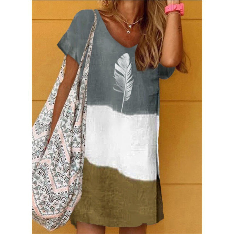 Casual V-Neck Knitted Print Loose Dress for Women