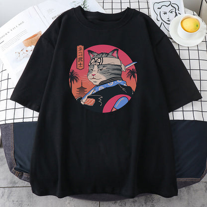 2023 Fashionable Japanese Ninja Cat Print Women's T-Shirt